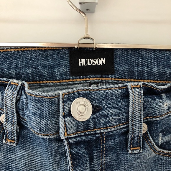 Hudson Distressed Silver Studded Light Blue Stretchy Skinny Jeans - Picture 3 of 9